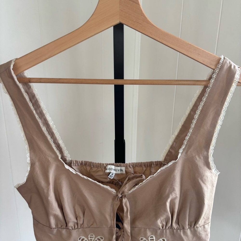 Moon River Eyelet Tie Front Festival Crop Top Khaki Cotton Boho Chic Women’s M